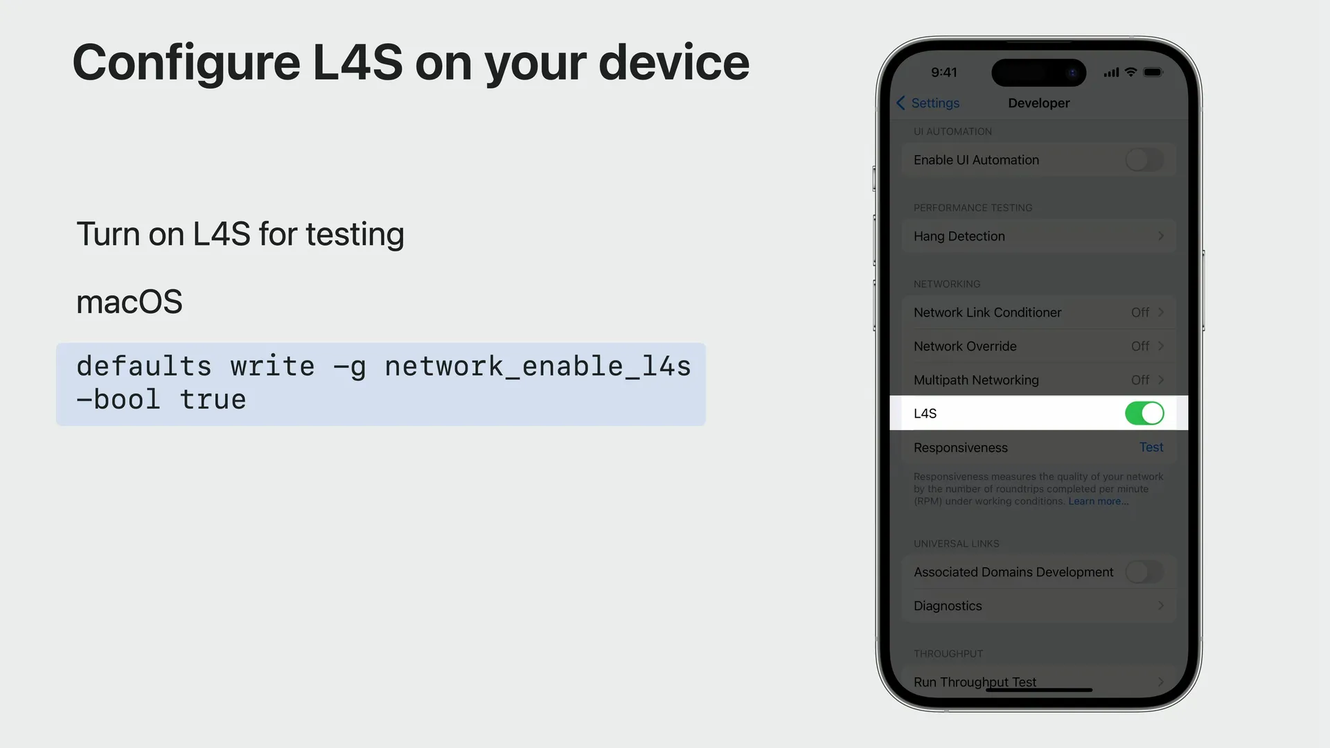 How to turn on L4S for testing on an iPhone. Image: Apple